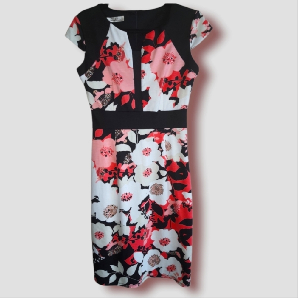 Tricolor Flora Print Dress with Capped Sleeves.